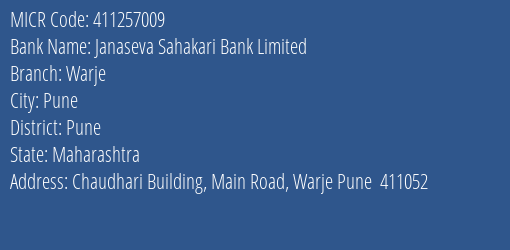 Janaseva Sahakari Bank Limited Warje MICR Code