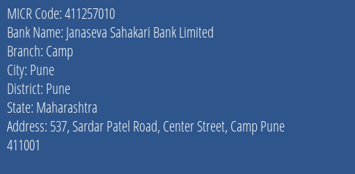 Janaseva Sahakari Bank Limited Camp MICR Code