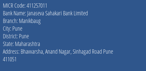 Janaseva Sahakari Bank Limited Manikbaug MICR Code