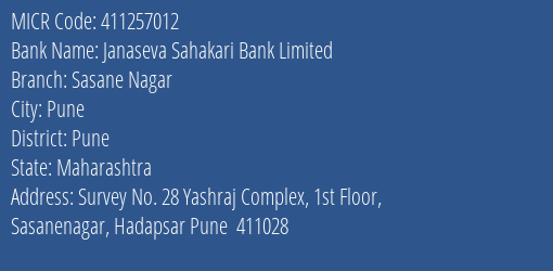 Janaseva Sahakari Bank Limited Sasane Nagar MICR Code