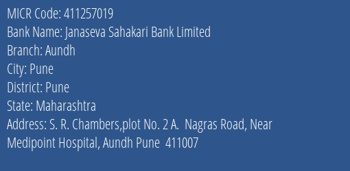 Janaseva Sahakari Bank Limited Aundh MICR Code