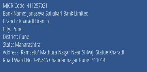 Janaseva Sahakari Bank Limited Kharadi Branch MICR Code