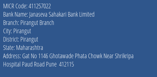 Janaseva Sahakari Bank Limited Pirangut Branch MICR Code