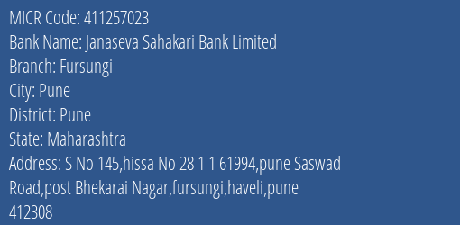 Janaseva Sahakari Bank Limited Fursungi MICR Code