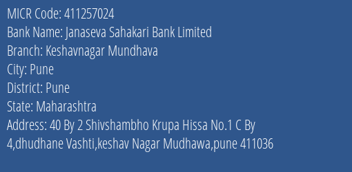 Janaseva Sahakari Bank Limited Keshavnagar Mundhava MICR Code