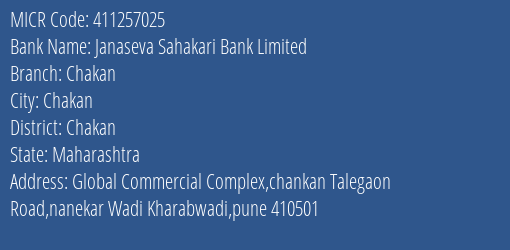 Janaseva Sahakari Bank Limited Chakan MICR Code