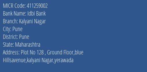 Idbi Bank Kalyani Nagar MICR Code