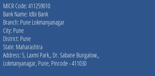 Idbi Bank Pune Lokmanyanagar MICR Code