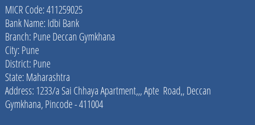 Idbi Bank Pune Deccan Gymkhana MICR Code