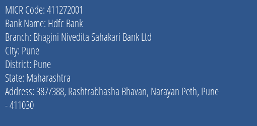 Bhagini Nivedita Sahakari Bank Ltd Narayan Peth MICR Code