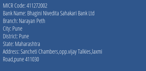 Bhagini Nivedita Sahakari Bank Ltd Narayan Peth MICR Code