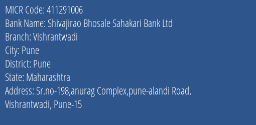 Shivajirao Bhosale Sahakari Bank Ltd Vishrantwadi MICR Code