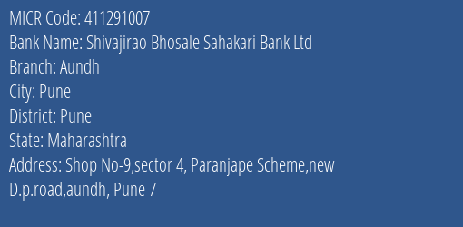 Shivajirao Bhosale Sahakari Bank Ltd Aundh MICR Code