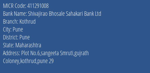 Shivajirao Bhosale Sahakari Bank Ltd Kothrud MICR Code