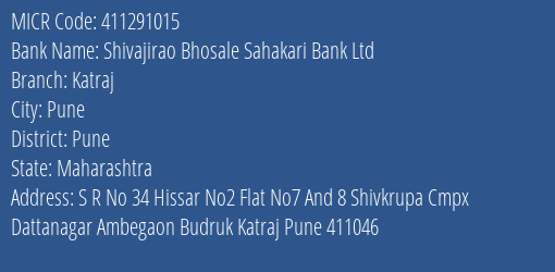 Shivajirao Bhosale Sahakari Bank Ltd Katraj MICR Code