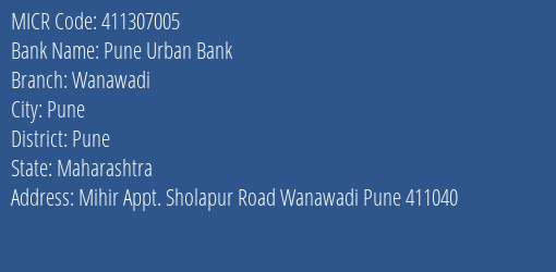 Pune Urban Bank Wanawadi MICR Code