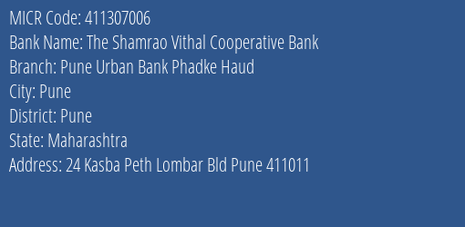 Pune Urban Bank Phadke Haud MICR Code