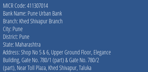 Pune Urban Bank Khed Shivapur Branch MICR Code