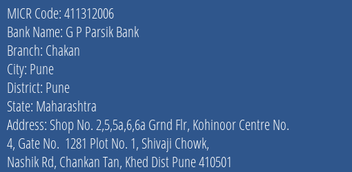 G P Parsik Bank Chakan MICR Code