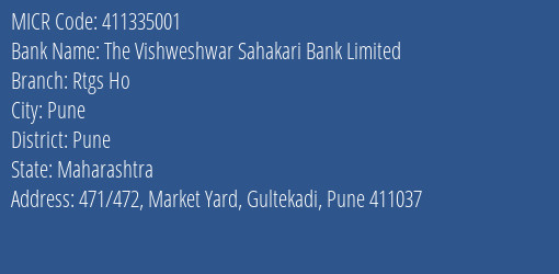 The Vishweshwar Sahakari Bank Limited Rtgs Ho MICR Code