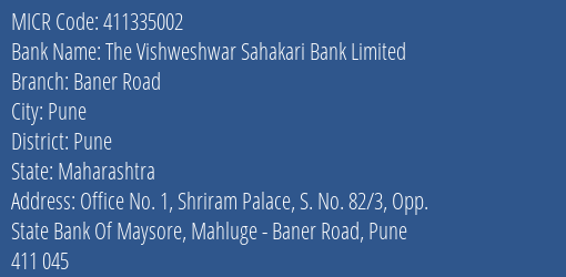 The Vishweshwar Sahakari Bank Limited Baner Road MICR Code