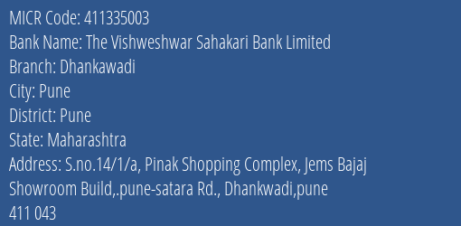 The Vishweshwar Sahakari Bank Limited Dhankawadi MICR Code