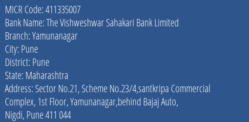 The Vishweshwar Sahakari Bank Limited Yamunanagar MICR Code
