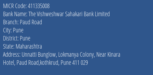 The Vishweshwar Sahakari Bank Limited Paud Road MICR Code