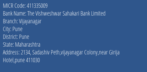The Vishweshwar Sahakari Bank Limited Vijayanagar MICR Code