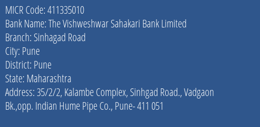 The Vishweshwar Sahakari Bank Limited Sinhagad Road MICR Code