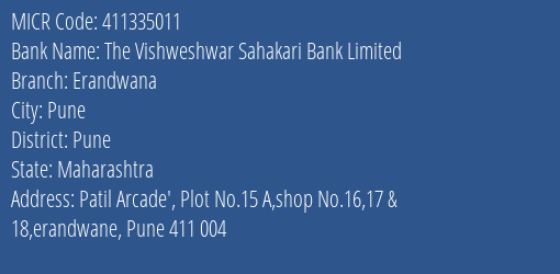 The Vishweshwar Sahakari Bank Limited Erandwana MICR Code