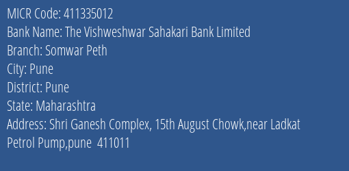 The Vishweshwar Sahakari Bank Limited Somwar Peth MICR Code