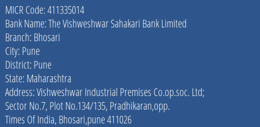 The Vishweshwar Sahakari Bank Limited Bhosari MICR Code