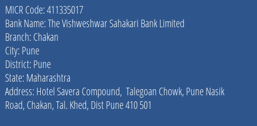 The Vishweshwar Sahakari Bank Limited Chakan MICR Code