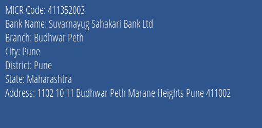 Suvarnayug Sahakari Bank Ltd Budhwar Peth MICR Code