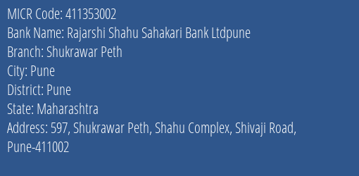 Rajarshi Shahu Sahakari Bank Ltdpune Shukrawar Peth MICR Code