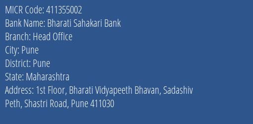 Bharati Sahakari Bank Head Office MICR Code
