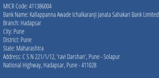 Kallappanna Awade Ichalkaranji Janata Sahakari Bank Limited Hadapsar MICR Code