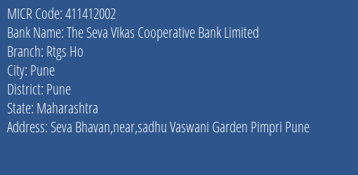 The Seva Vikas Cooperative Bank Limited Rtgs Ho MICR Code