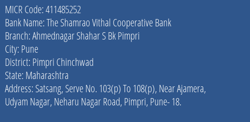 Ahmednagar Shahar Sahakari Bank Ltd Pimpri MICR Code