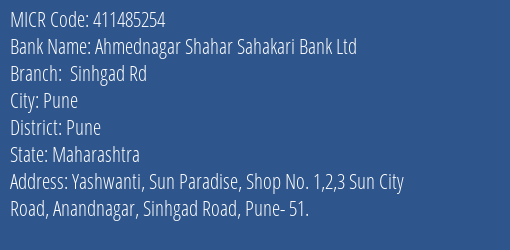 Ahmednagar Shahar Sahakari Bank Ltd Sinhgad Rd MICR Code