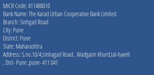The Karad Urban Cooperative Bank Limited Sinhgad Road MICR Code
