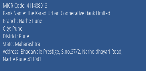 The Karad Urban Cooperative Bank Limited Narhe Pune MICR Code