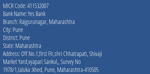 Yes Bank Rajgurunagar Maharashtra MICR Code
