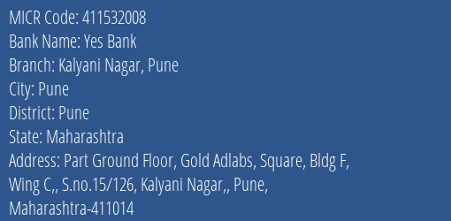 Yes Bank Kalyani Nagar Pune MICR Code