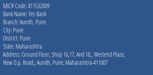 Yes Bank Aundh Pune MICR Code
