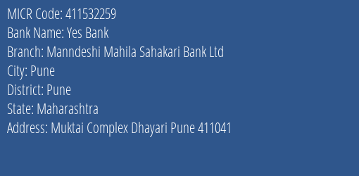 Manndeshi Mahila Sahkari Bank Ltd Dhayari MICR Code