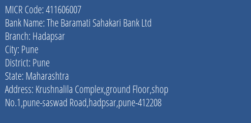 The Baramati Sahakari Bank Ltd Hadapsar MICR Code