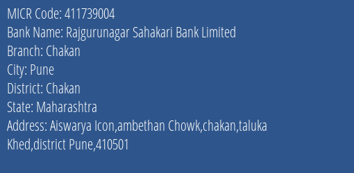 Rajgurunagar Sahakari Bank Limited Chakan MICR Code