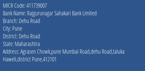 Rajgurunagar Sahakari Bank Limited Dehu Road MICR Code